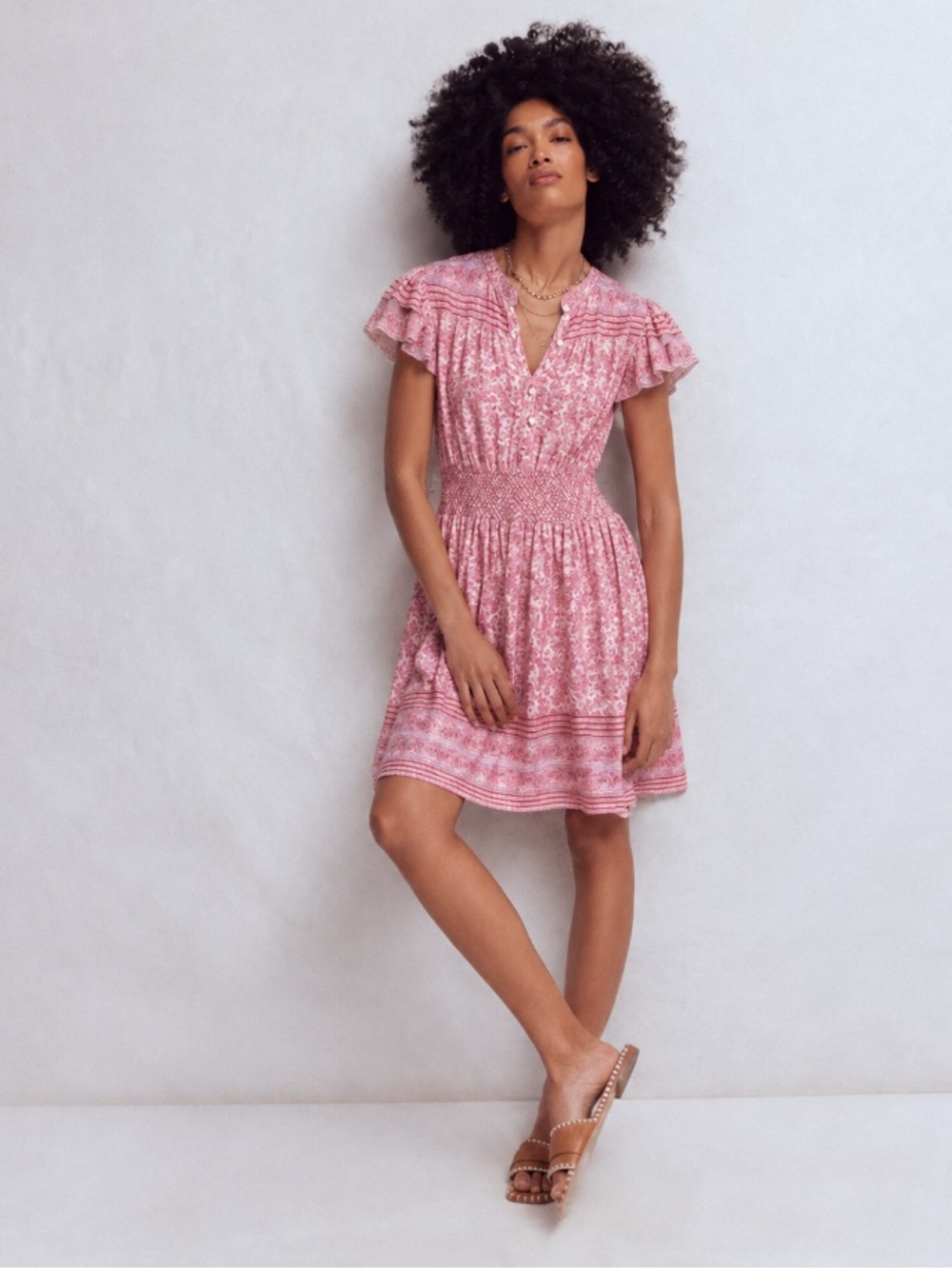 Faherty pink floral Bemini boho summer sun dress size M rayon